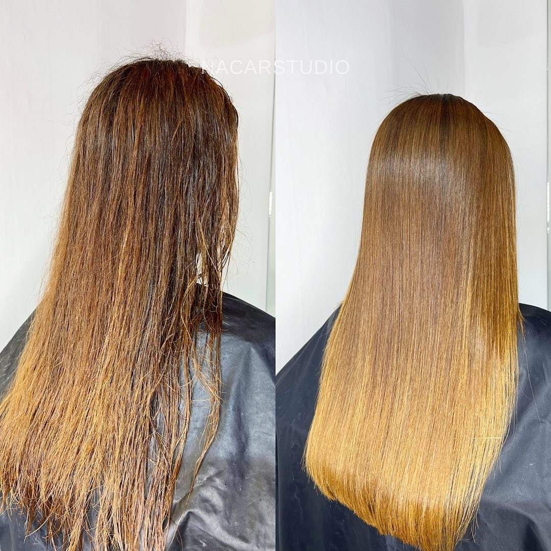 Antes y después tratamiento Genoma para rubias en Nacar Studio - Reconstrucción capilar