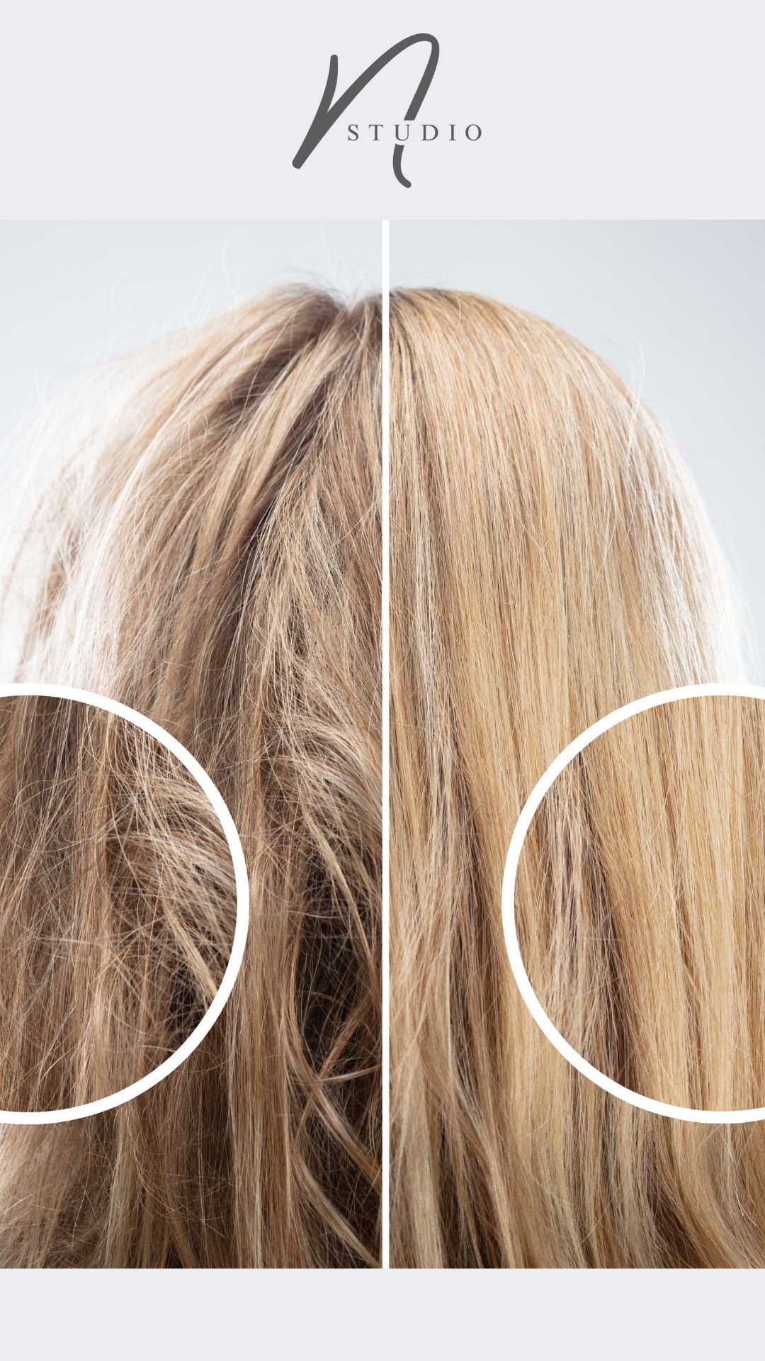 Detalle de textura capilar antes y después del tratamiento Genoma para rubias